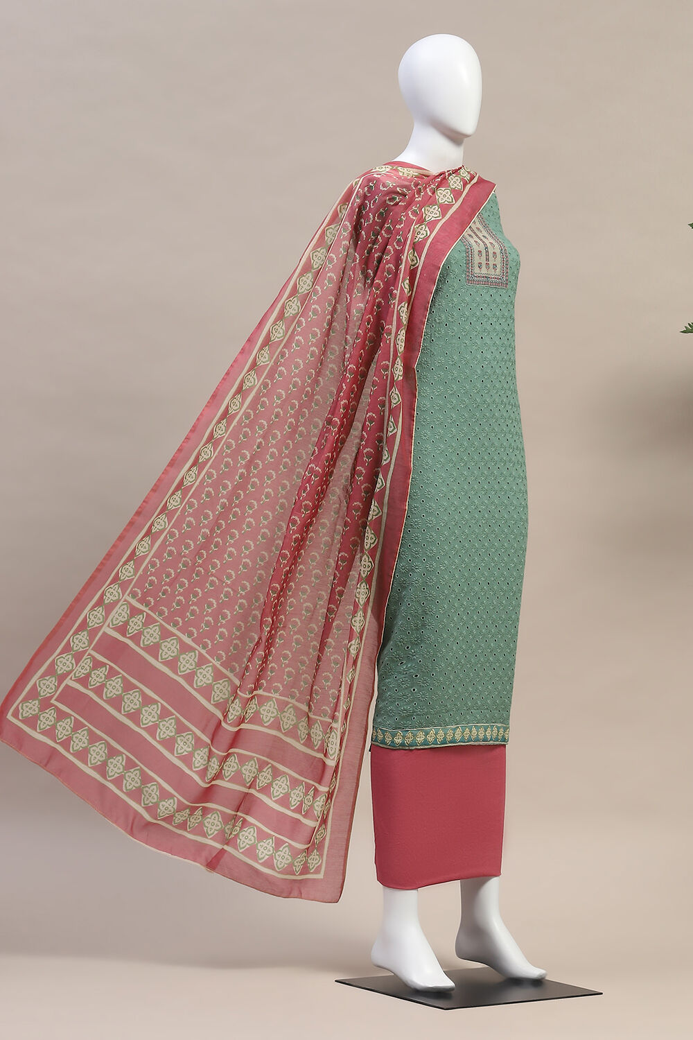 Aqua Cotton Handloom Unstitched Suit Set image number 4