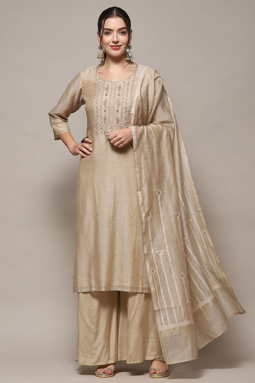 Off White Chanderi Blend Unstitched Suit set image number 1