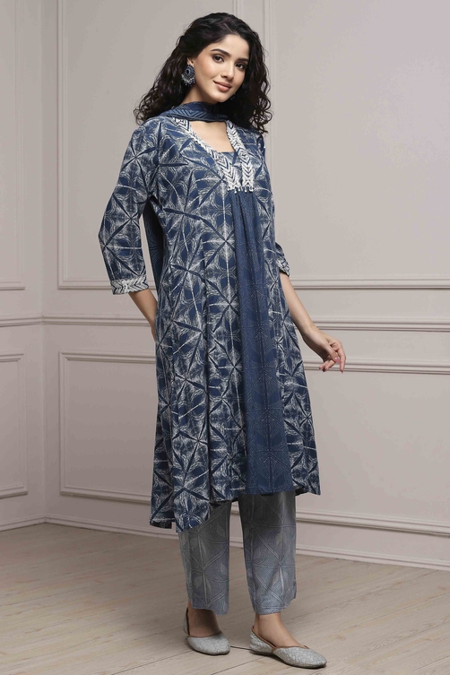 Teal Viscose Rayon A-Line Suit Set image number 5