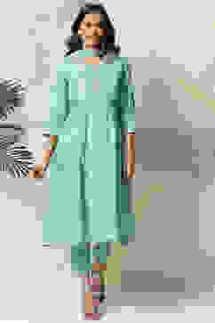 Sea Green Viscose Kalidar Kurta Pants Suit Set image number 0