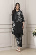 Black Cotton Floral Placement Straight Suit Set