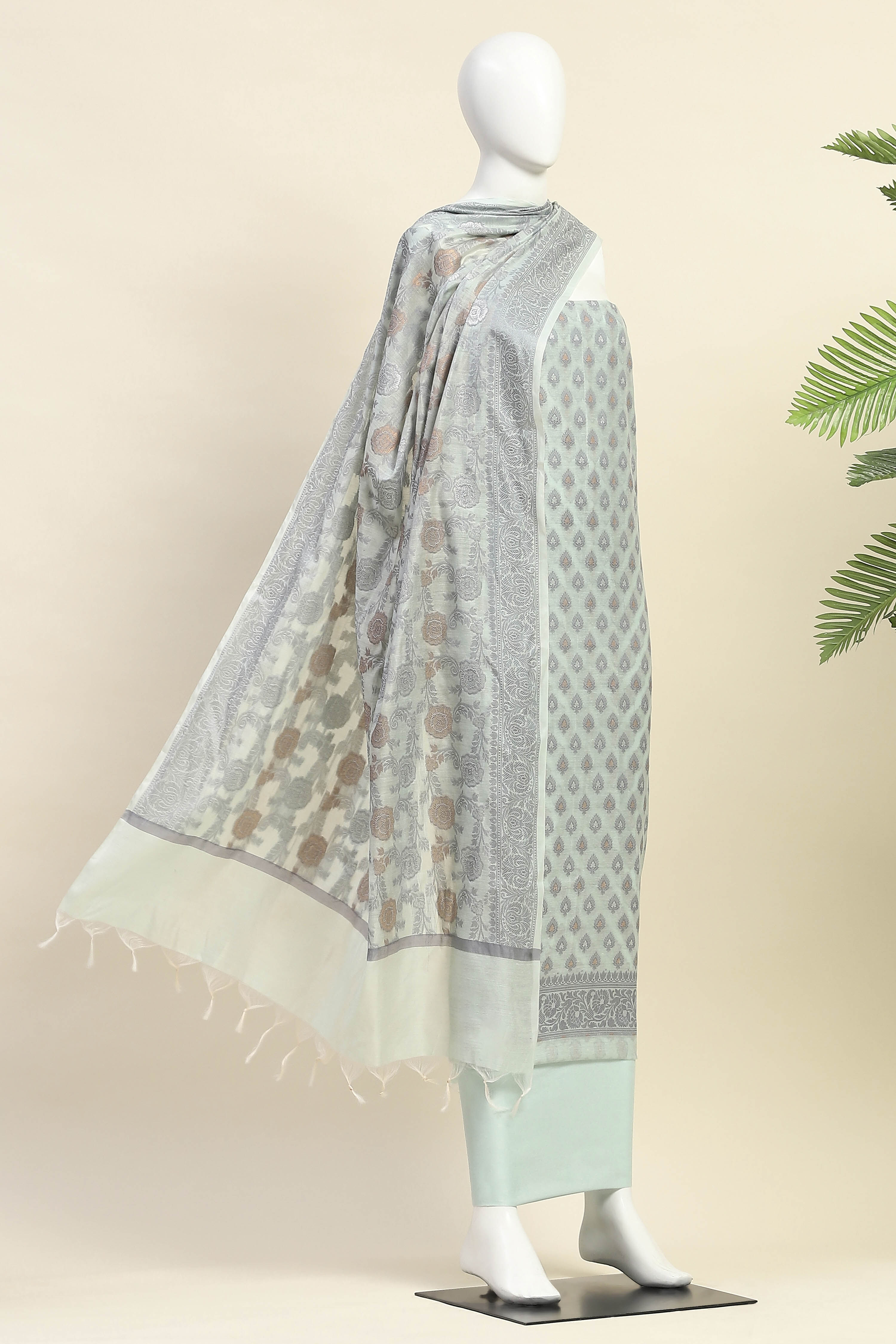 Beige Cotton Printed Embroidered Unstitched Suit Set image number 4