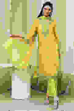 Lime Green Embroidered Straight Suit Set image number 6