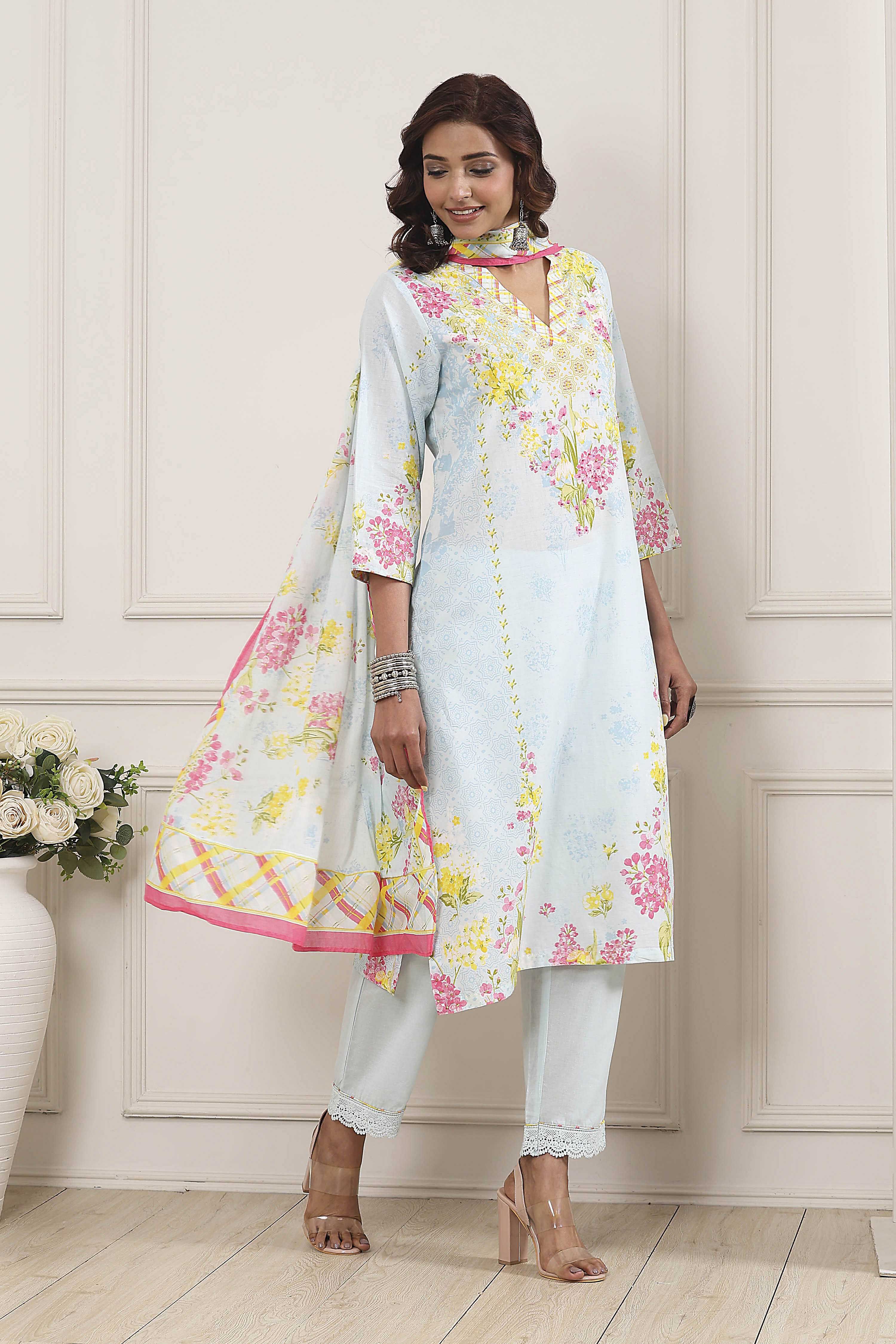 Powder Blue Cotton Printed Straight Suit Set image number 5