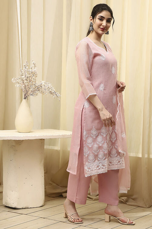 Pink Cotton Machine Embroidered Unstitched Suit Set image number 6