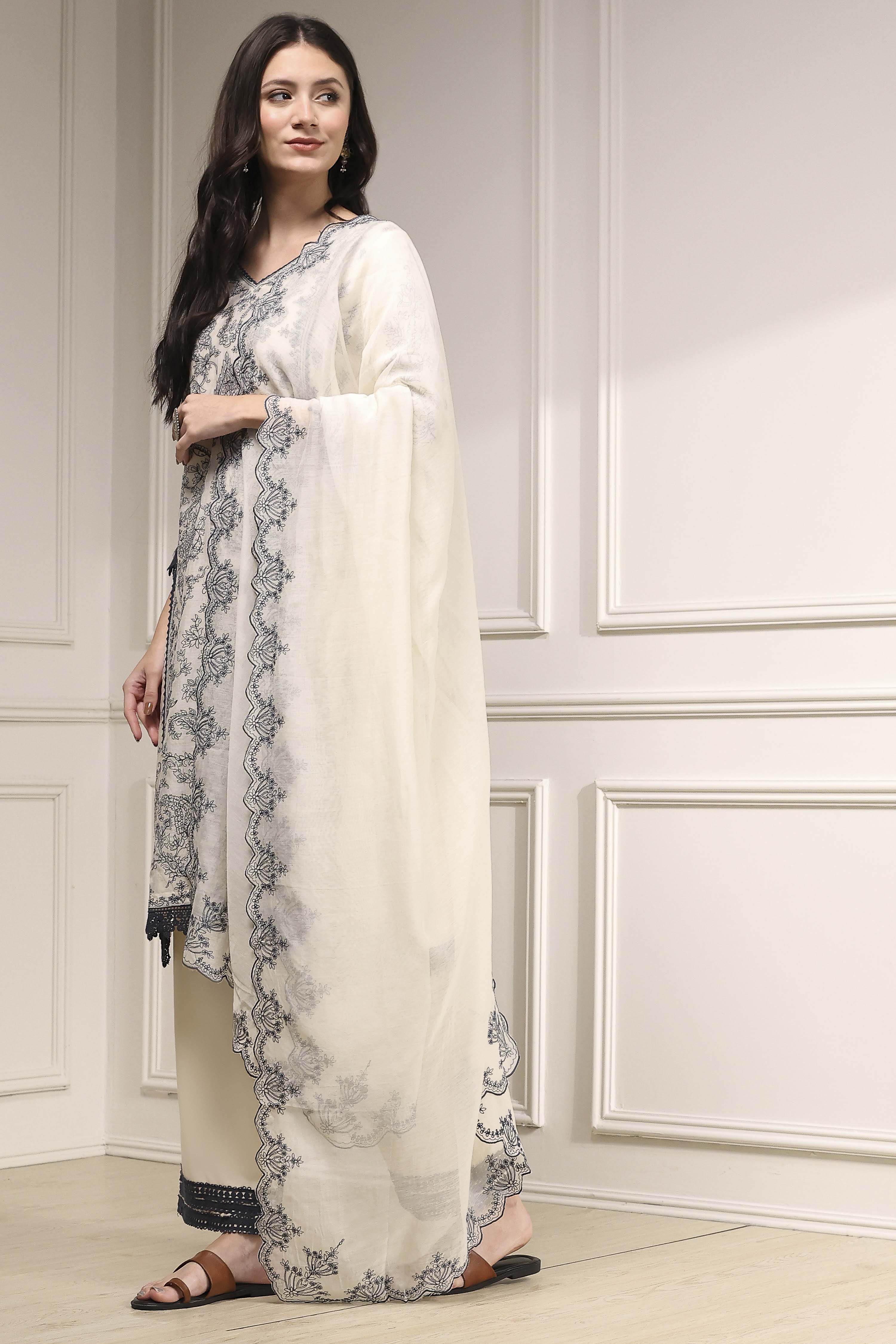 Natural White Chanderi Embroidered Straight Suit Set image number 3
