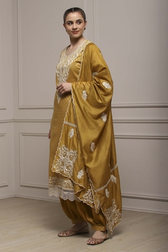 Yellow Cotton Blend Thread Embroidered Unstitched Suit Set image number 4