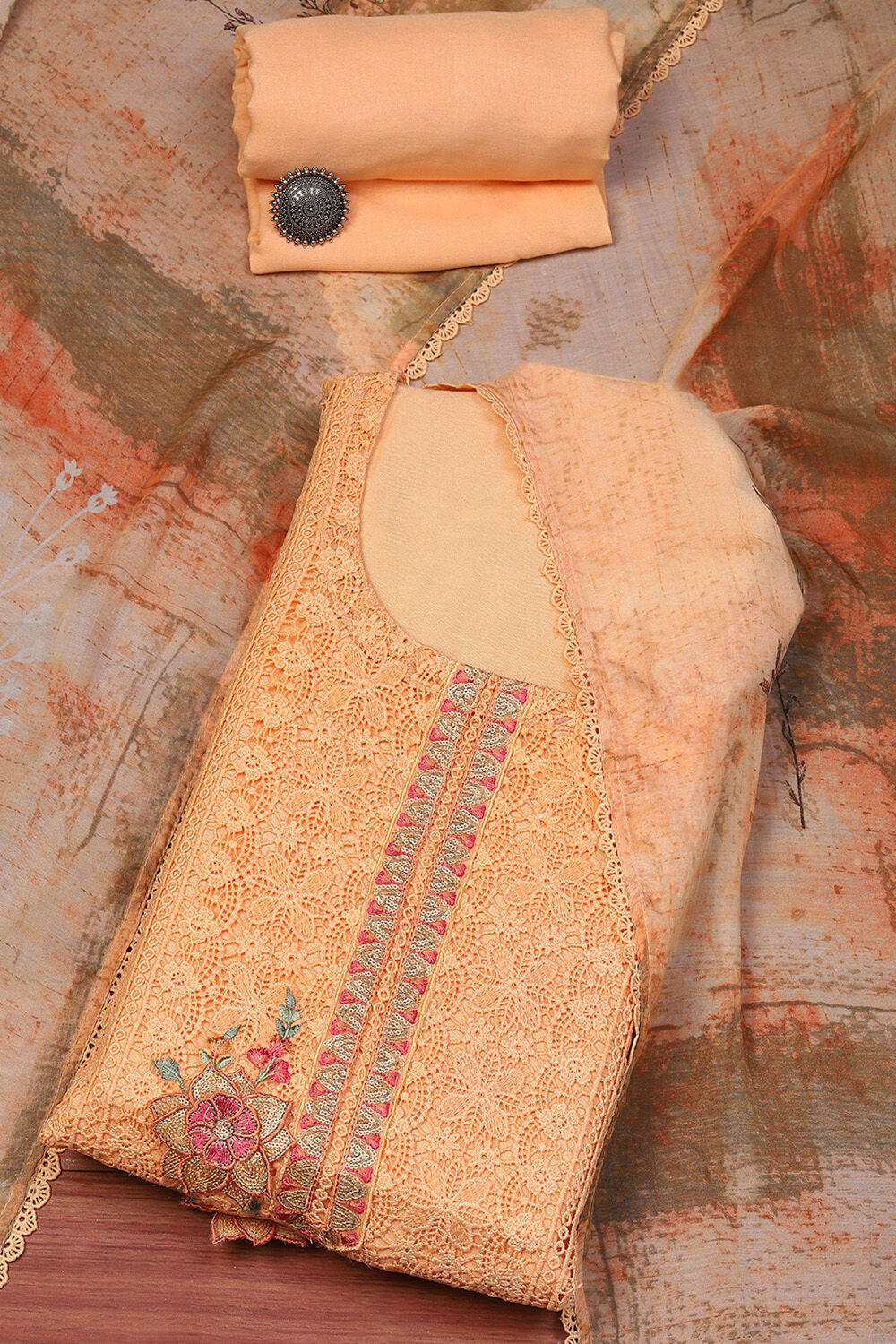 Peach Muslin Lace Unstitched Suit Set image number 0