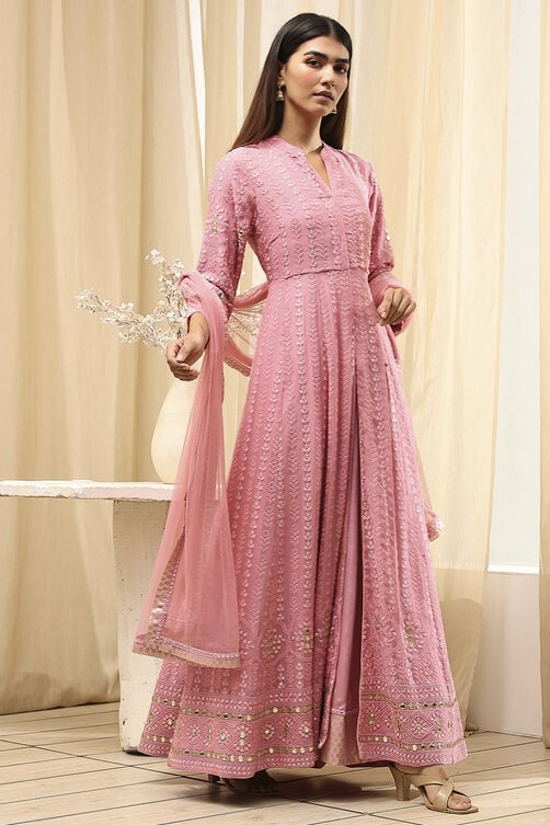 Powder Pink Viscose Front Open Suit Set image number 4