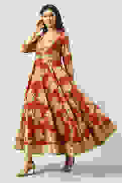 Wine Art Silk Flared Fusion Printed Dress image number 2