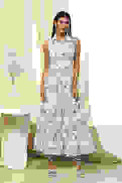 White and Blue Cotton Floral Tiered Dress image number 5