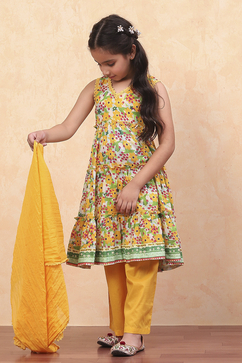 Yellow Pure Cotton Floral Printed Tiered Suit Set