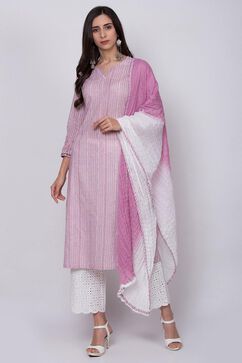 Pink and White Cotton A-Line Suit Set image number 0