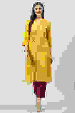 Yellow LIVA Straight Printed Kurta image number 0