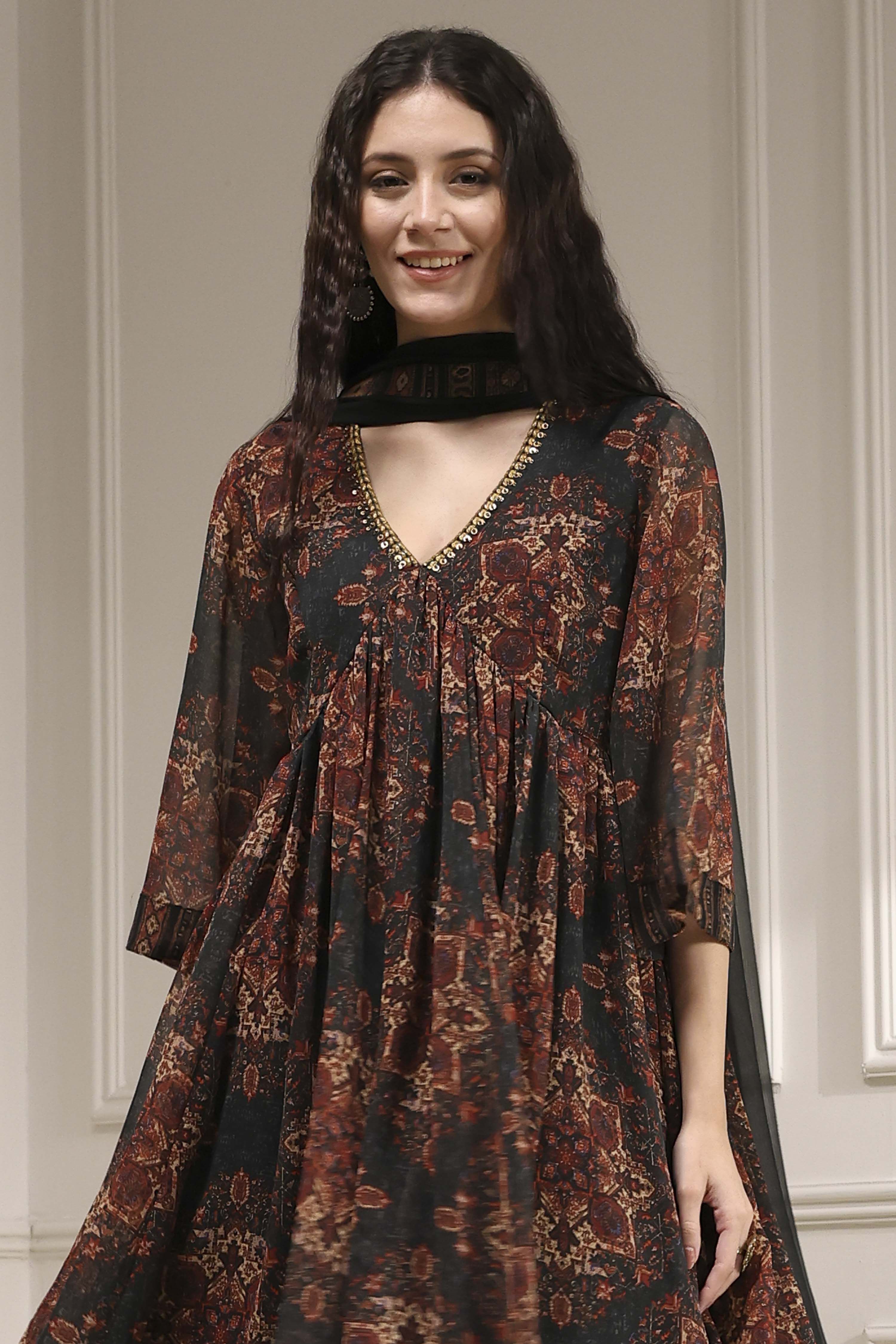 Charcoal Black Printed Gathered Suit Set image number 1