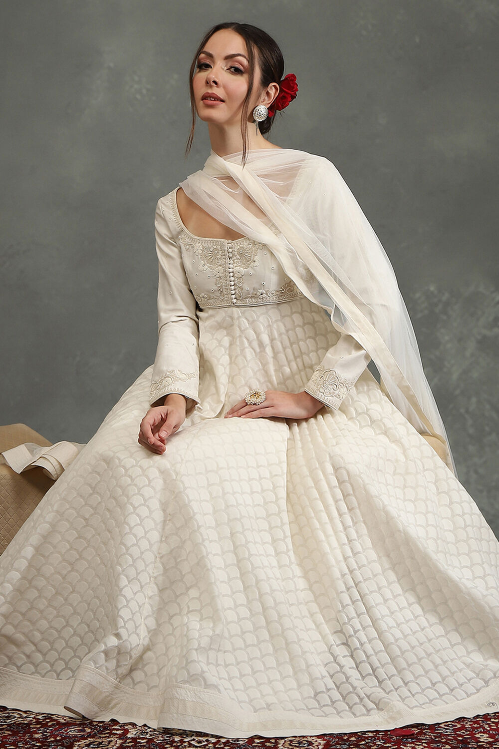 Cream-Toned Silk Chanderi Floral Anarkali Suit SetCream-Toned Silk Chanderi Floral Anarkali Suit Set-image-41