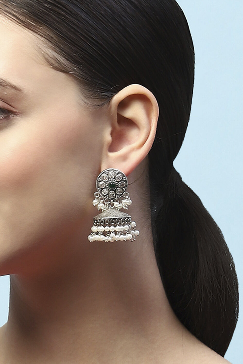 Green Oxidised Stone Studded Dome Shaped Jhumkas image number 3