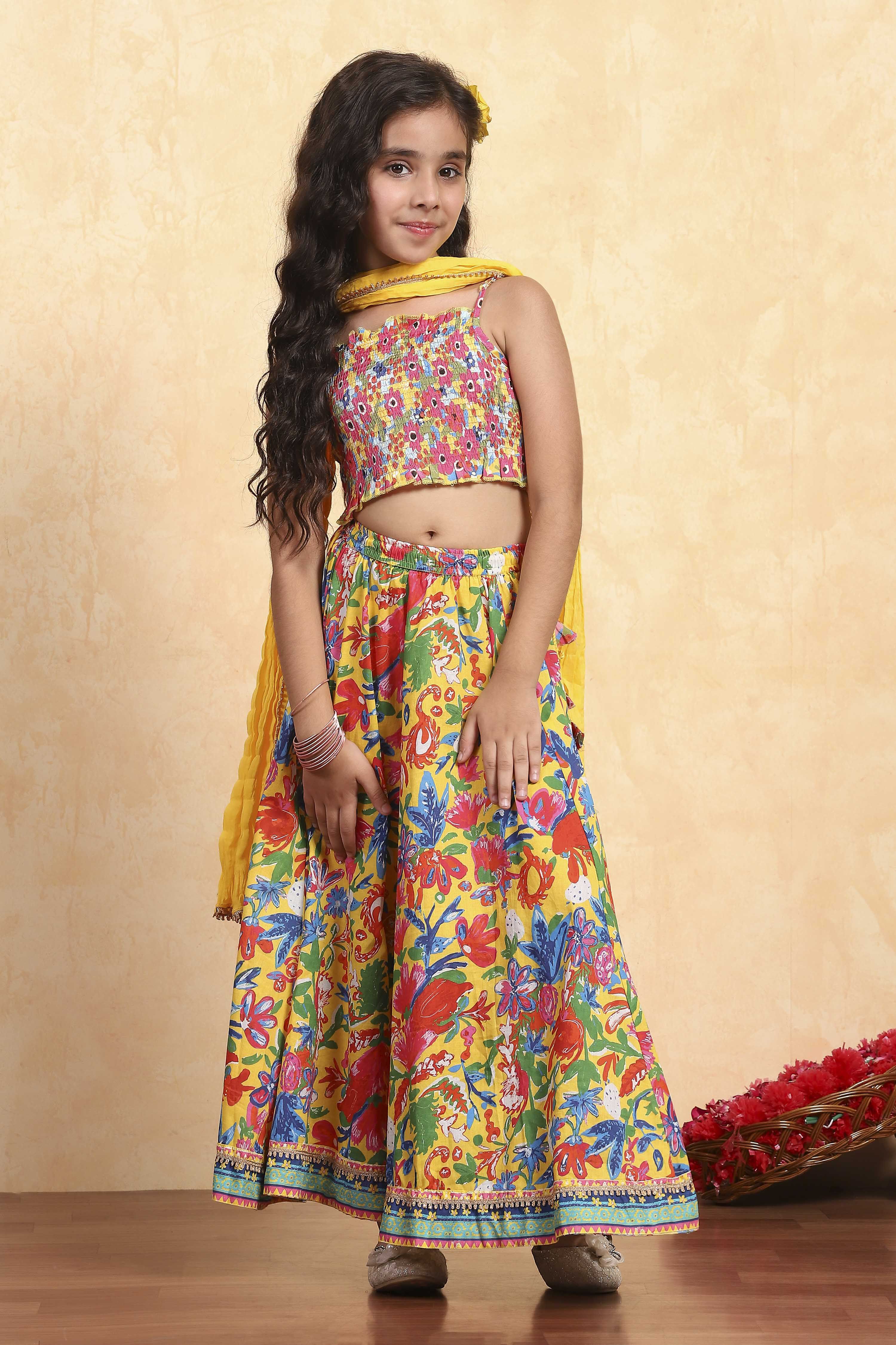 Yellow Viscose Rayon Flared Printed Lehenga Set image number 6