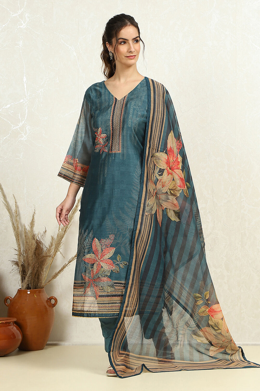 Blue Chanderi Floral Printed Unstitched Suit Set image number 5