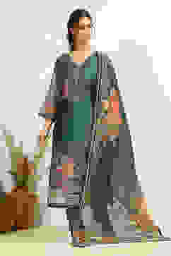 Blue Chanderi Floral Printed Unstitched Suit Set image number 5