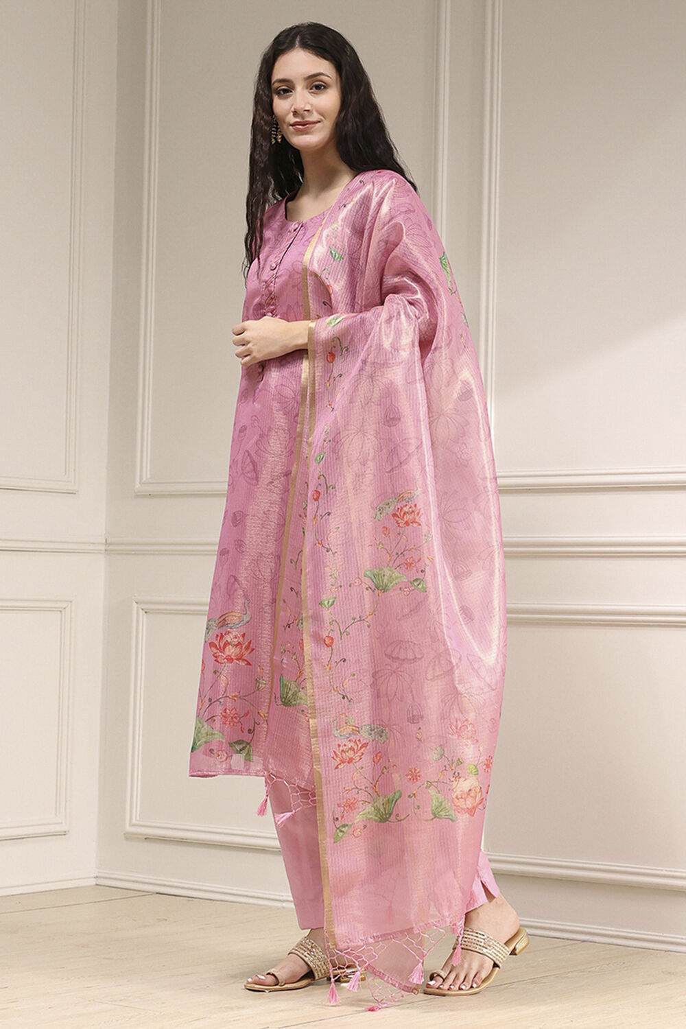 Pink Cotton Printed Unstitched Suit Set image number 4