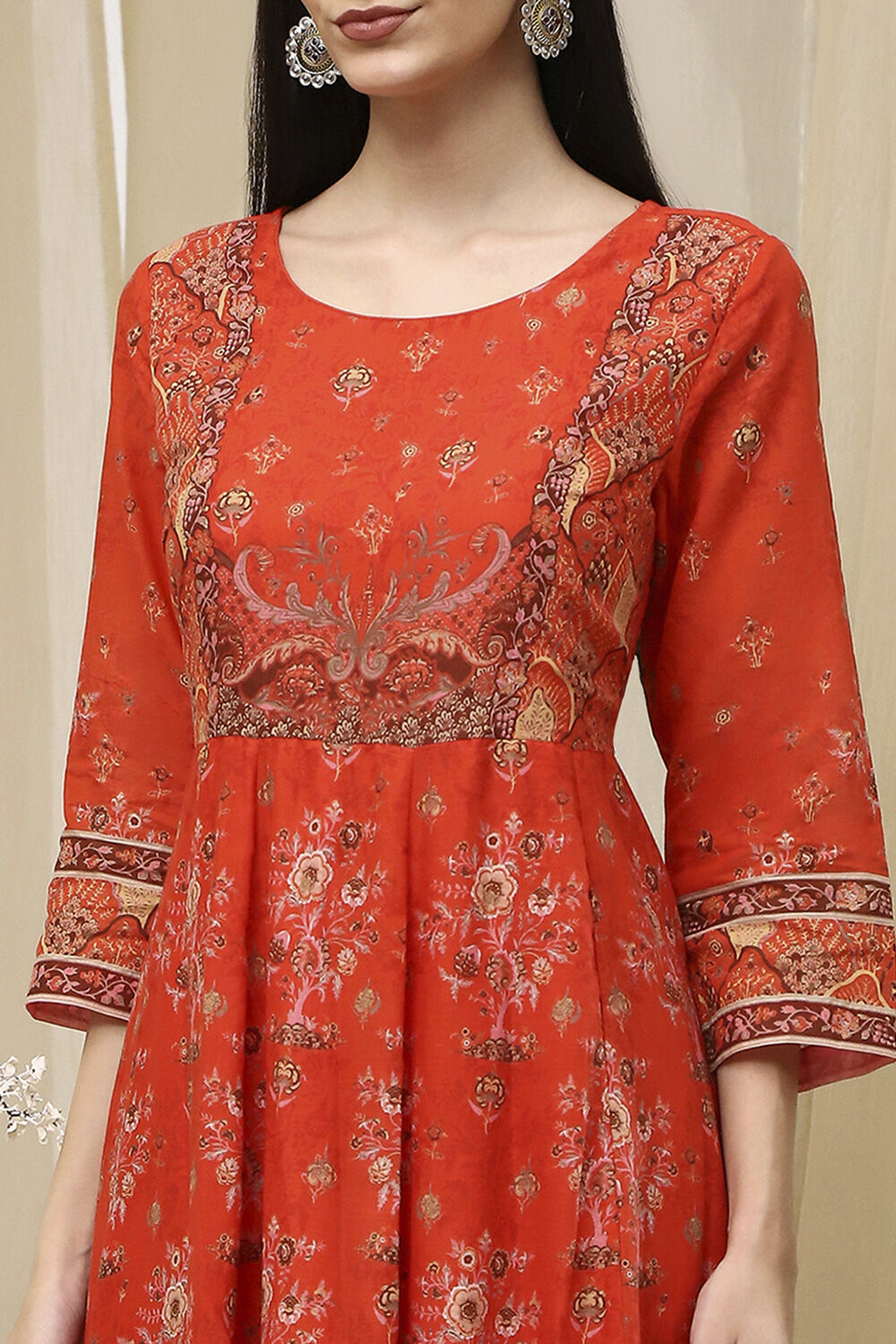 Orange Cotton Printed Anarkali Suit Set image number 1