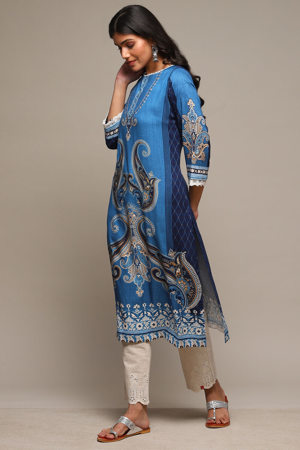 Navy LIVA Straight Printed Kurta image number 2