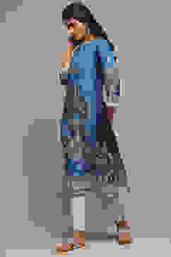 Navy LIVA Straight Printed Kurta image number 2