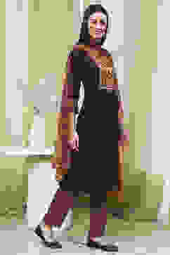 Brown Solid Gathered Straight Suit Set image number 5