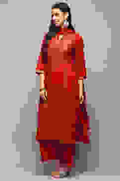 Deep Red Cambric Relaxed Kurta Palazzo Suit Set image number 4