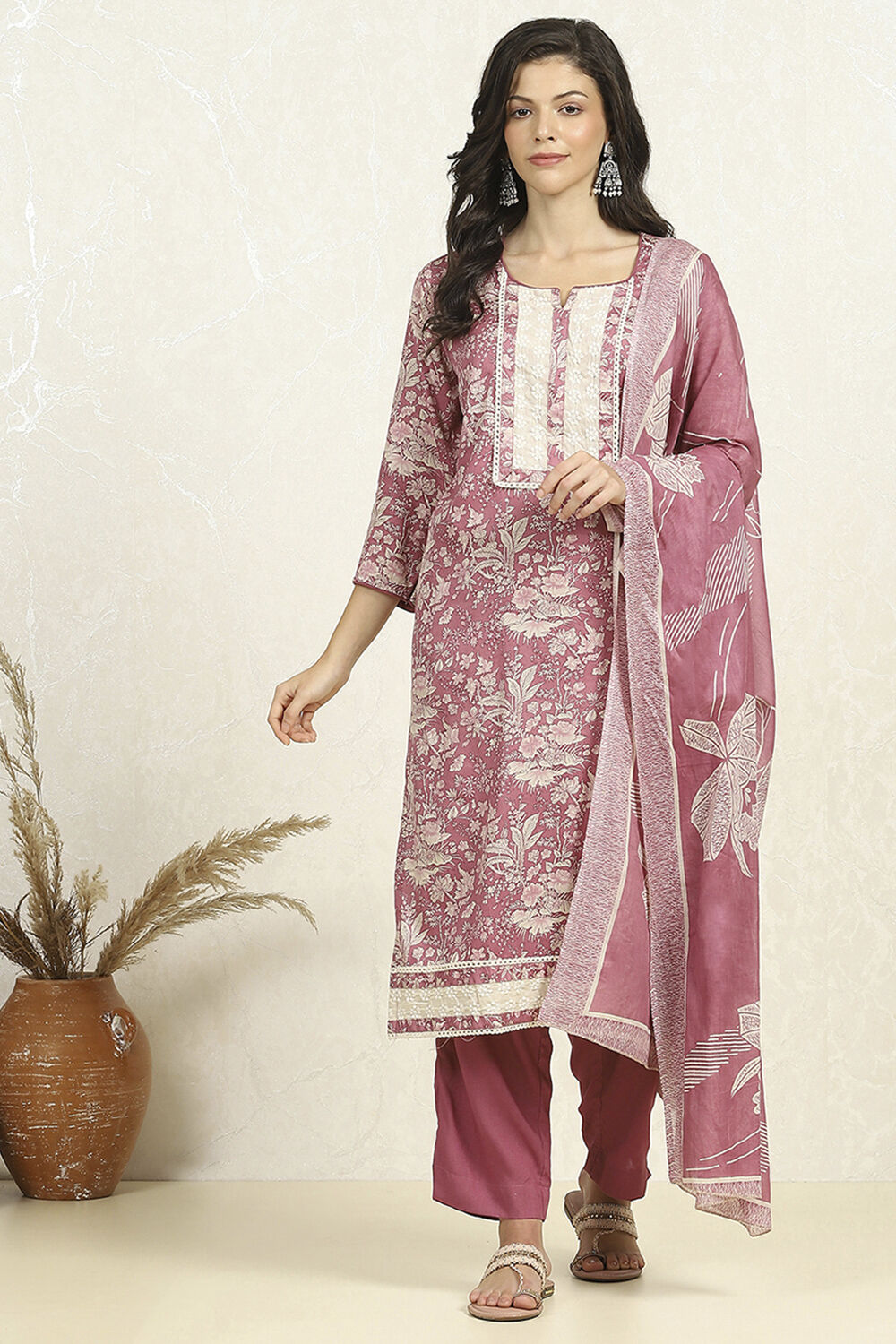 Purple Cotton Floral Printed Unstitched Suit Set image number 7