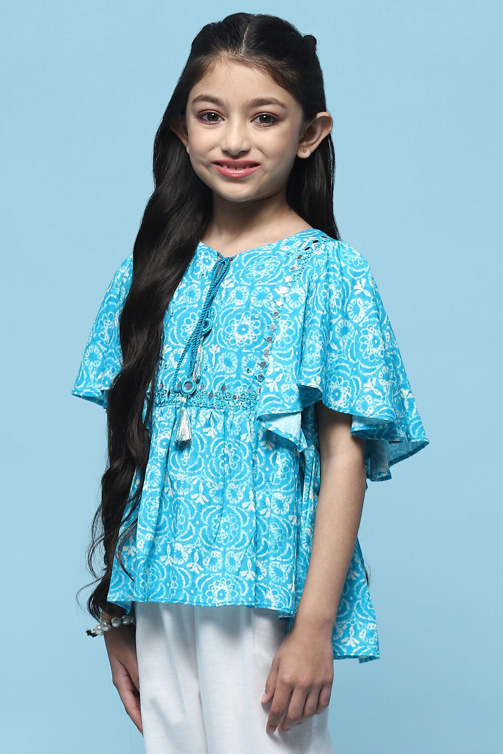 Aqua Printed Rayon Top With Mirror Detail image number 2