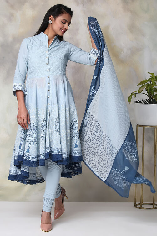 Light Purple Cotton Asymmetric Kurta Churidar Suit Set image number 6
