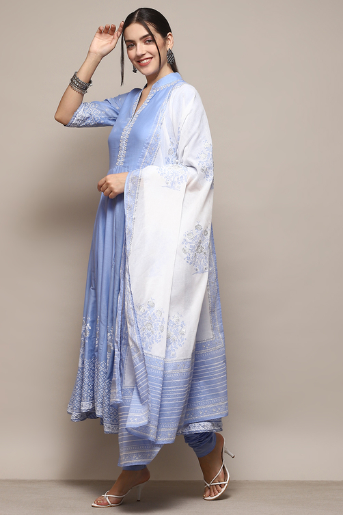 Black Cotton Anarkali Printed Kurta Churidar Suit Set image number 4