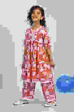 Red Cotton Printed Gathered Suit Set image number 5