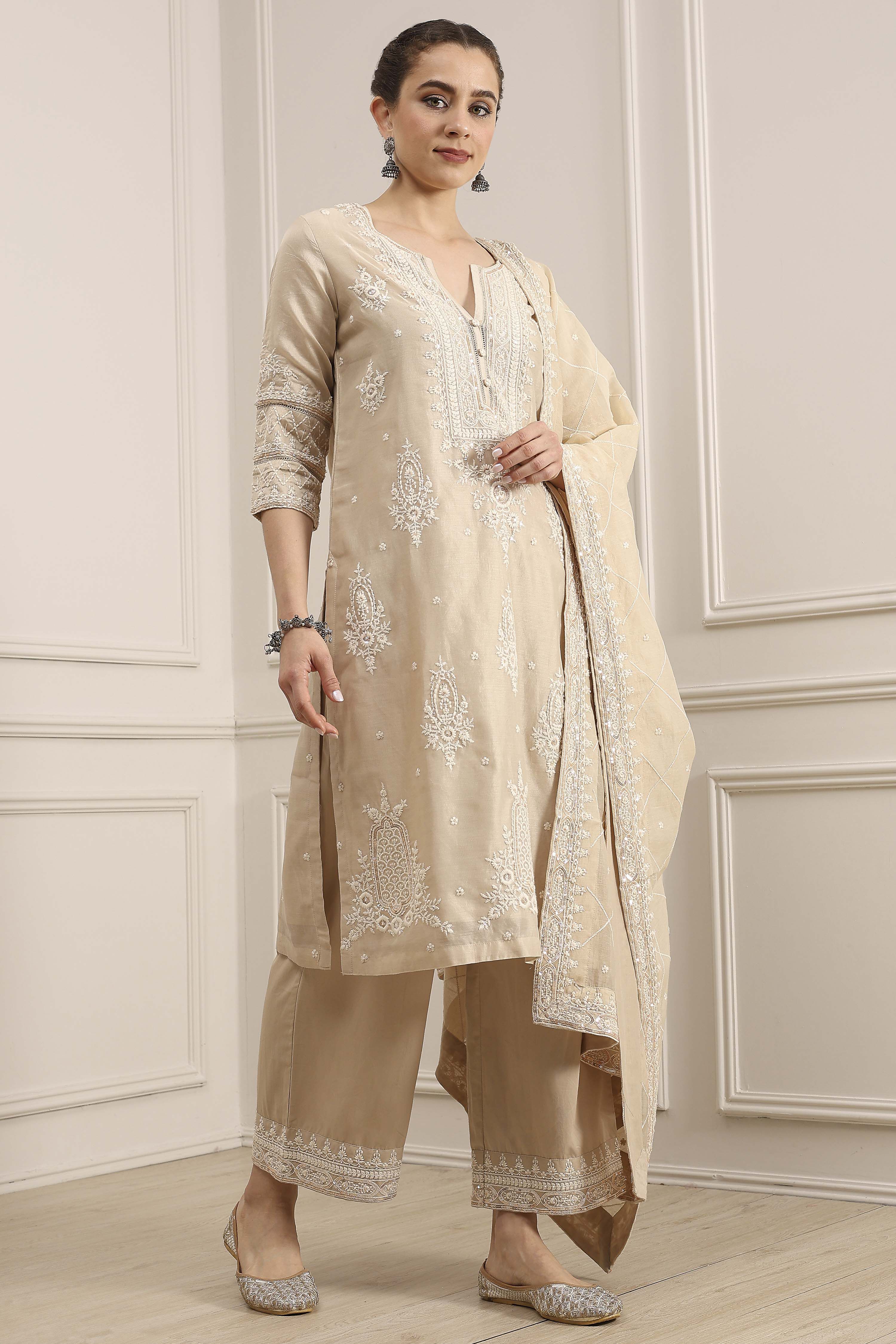 Natural White Chanderi Embroidered Straight Suit Set image number 5