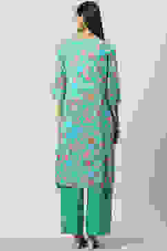 Turquoise Viscose A-Line Kurta Palazzo Suit Set image number 4