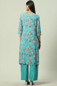Turquoise Viscose A-Line Kurta Palazzo Suit Set image number 4