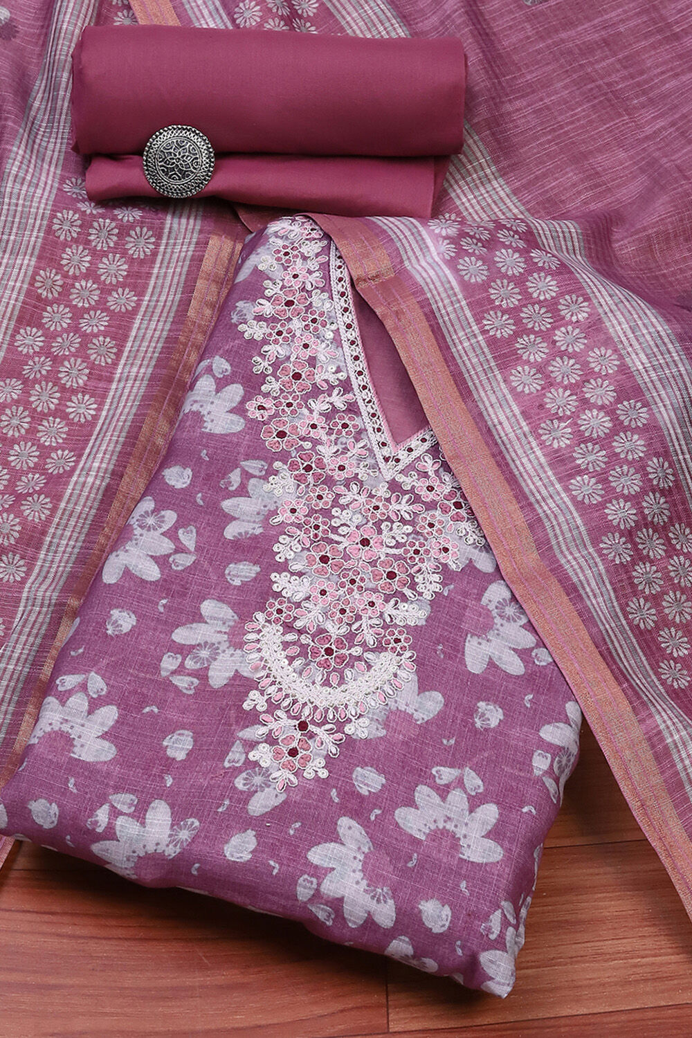 Mauve Linen Digital Print Unstitched Suit Set image number 0
