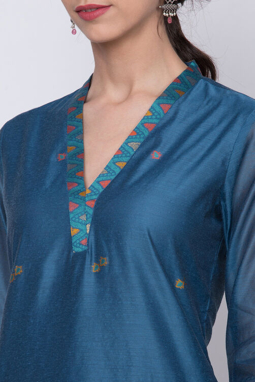 Blue Poly Cotton Straight Kurta Pant Suit Set image number 1