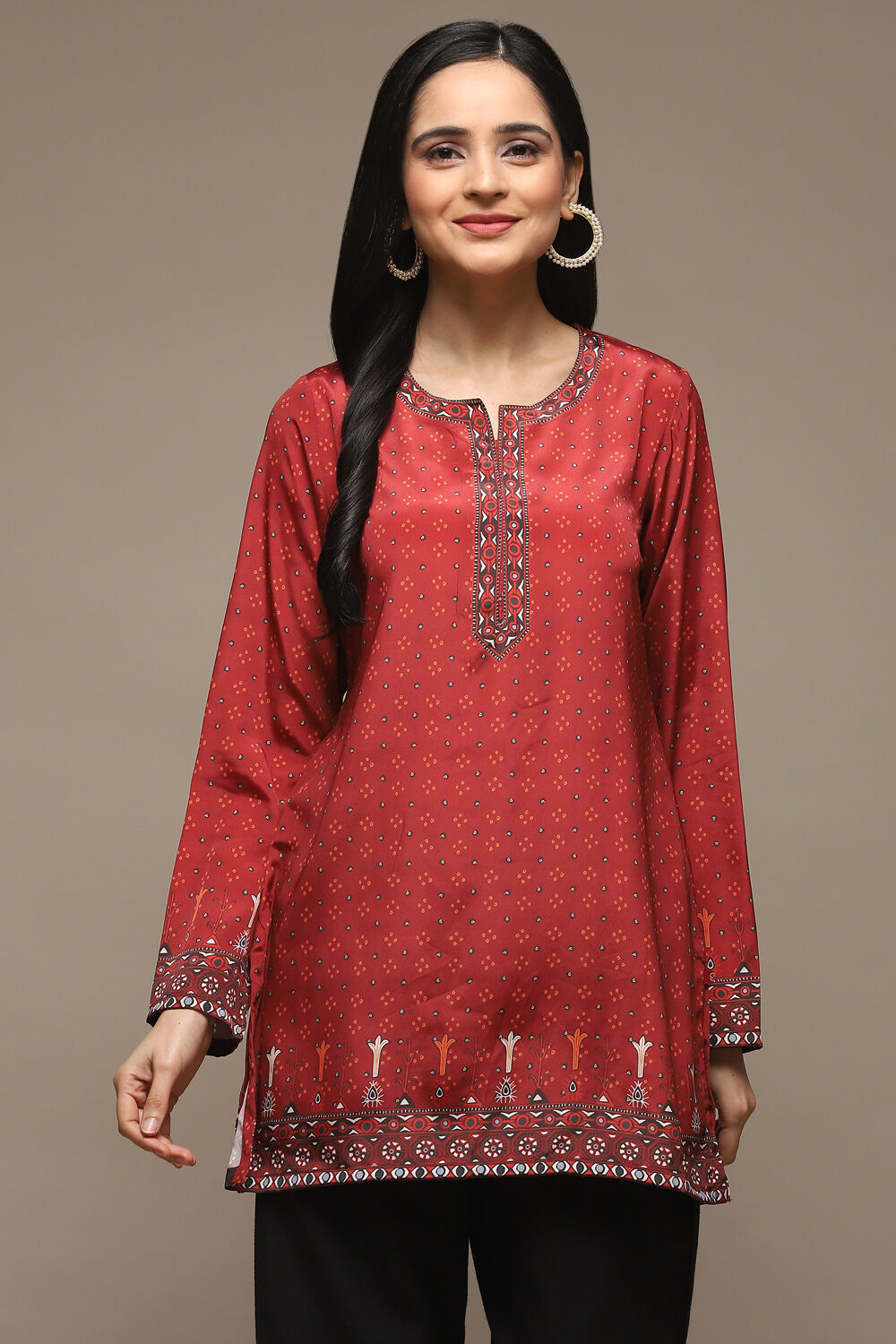 Red Cotton Blend Printed Kurti image number 5