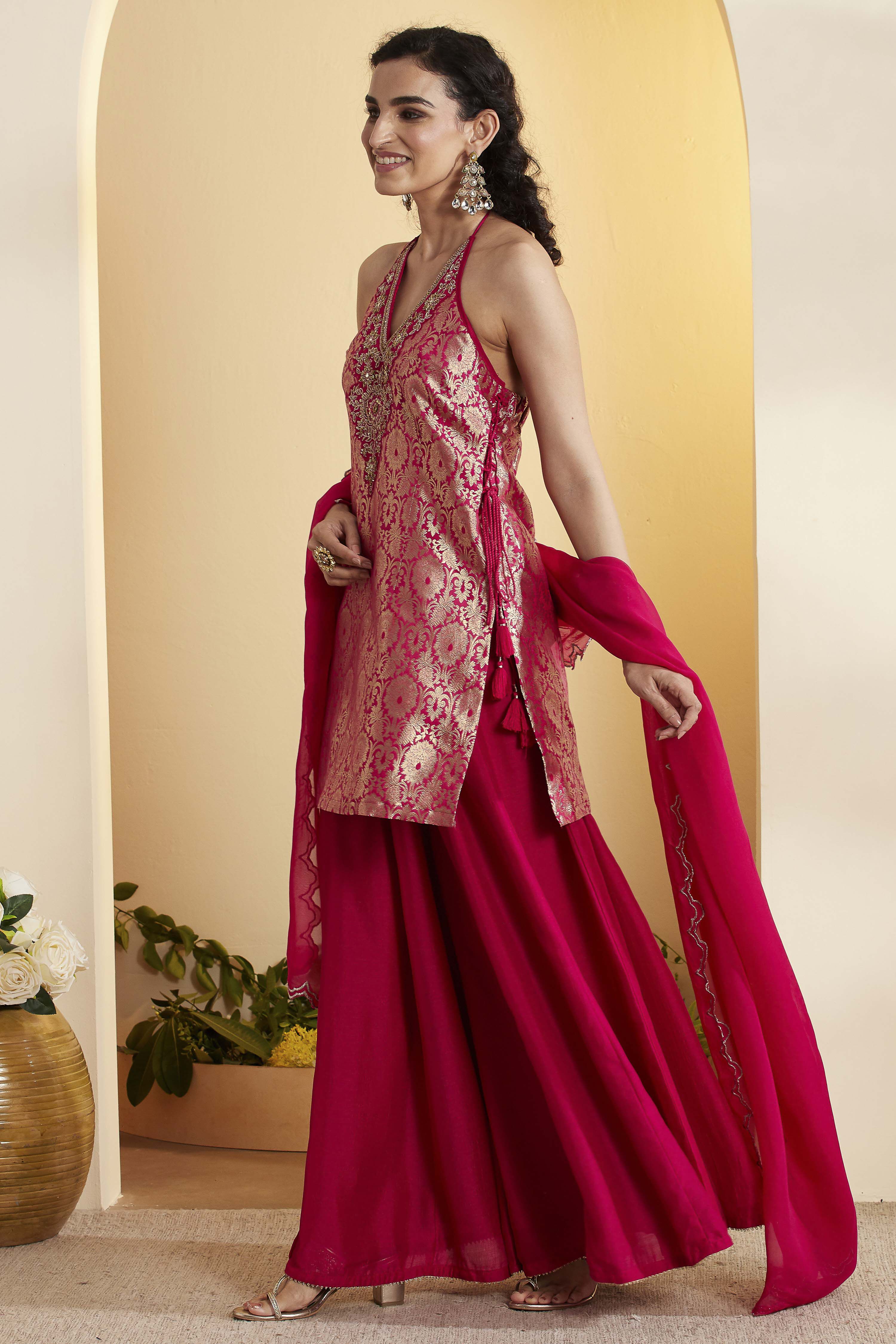 Fuschia Viscose Rayon Straight Suit Set image number 3