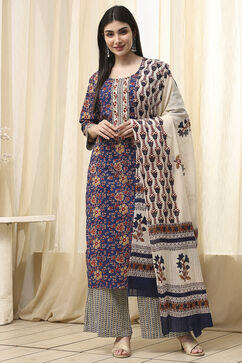 Blue Cotton Screen Print Unstitched Suit Set image number 1