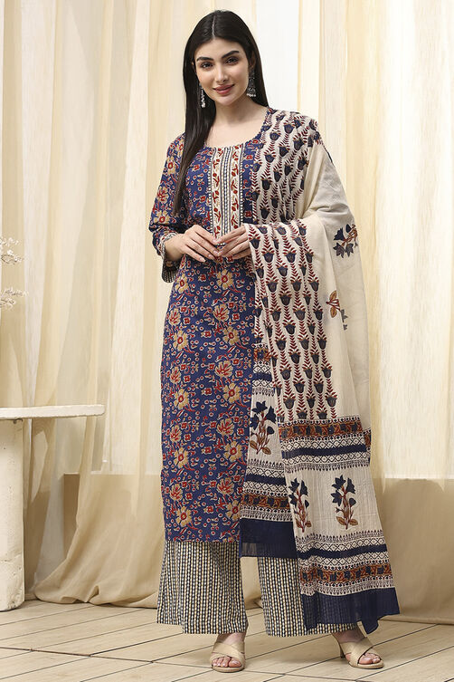Gray Cotton Screen Print Unstitched Suit Set image number 1