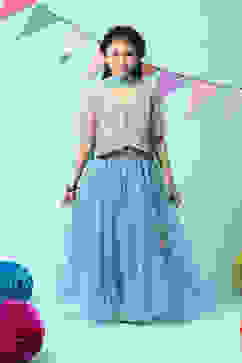 Pink & Blue Cotton Short Top Lehenga Set image number 7