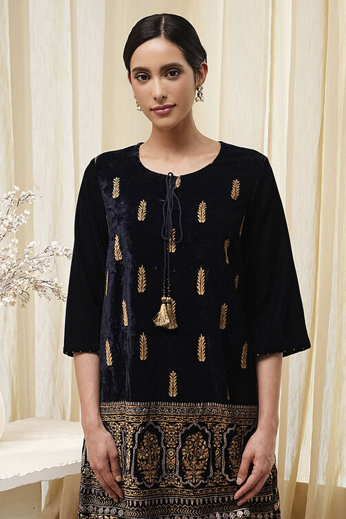 Navy Blue Polyester Straight Kurta Pants Set image number 1