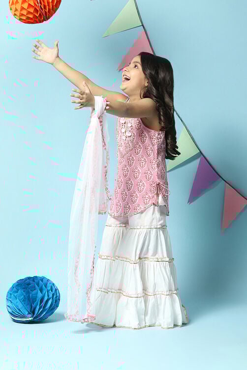 Pink & White Cotton Straight Kurta Sharara Suit Set image number 0