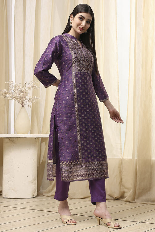 Purple Chanderi Unstitched Suit Set image number 6