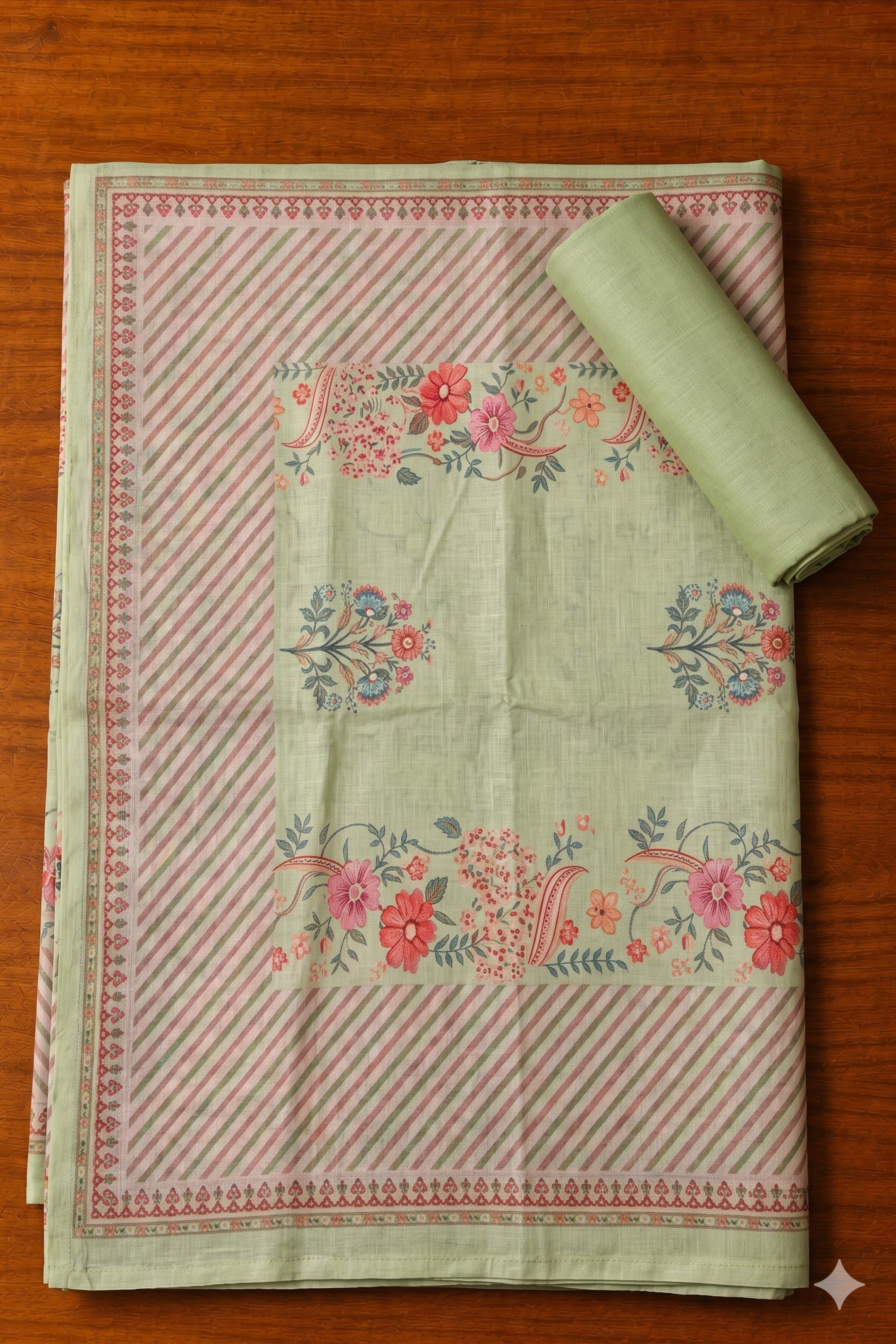 Peach Linen Floral Print With Handwork Unstitched Suit Set image number 3
