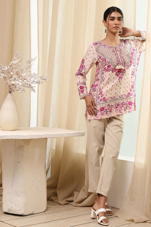 Off-White-Pink Modal Blend Straight Printed Short Kurta image number 0